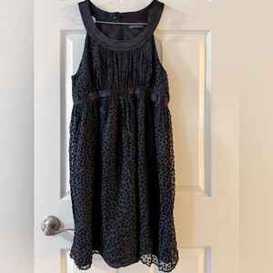 Betsy Johnson Black Mini Silk Blend Quiet Luxury Fringe Lace Polka Swis DotDress